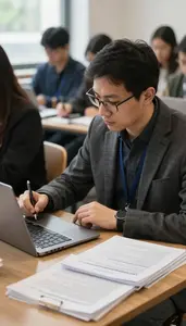 Technical Writer Writing A Screenplay At In A Literary Reading Event Venue In