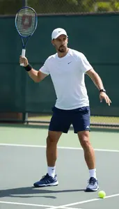 Tennis Coach Playing Tennis On A On A Tennis Court At Professional Venue