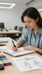 Textile Designer Sketching Fashion Designs In In A Textile Design Atelier At