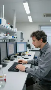Theoretical Physicist Studying Material Properties In Analysis Office With