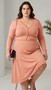 Tiered Skirt With Fitted Crop Cardigan Plus Size Studio Portrait