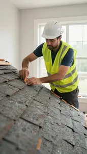 Tile Setter Installing Roof Shingles On In A Home Bathroom Being Renovated In