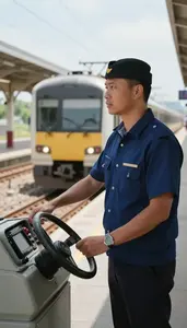 Train Conductor Conducting A Train Departure At A Train Station Platform At
