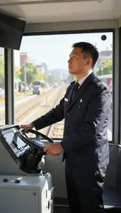 Train Conductor Operating A Tram Through Inside A Train Cab On Tracks In