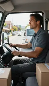 Truck Driver Delivering Packages On A In A Delivery Van In Urban Traffic In