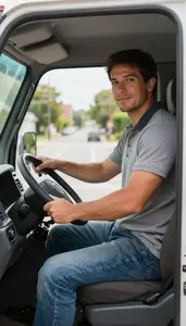 Truck Driver Delivering Mail On A On City Streets On A Motorcycle In