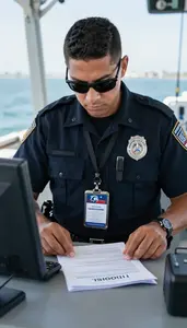 Tsa Agent Inspecting Immigration Documents At On A Coast Guard Patrol Boat At