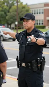 K9 Unit Officer Directing Traffic At An At A School Campus Security Entrance
