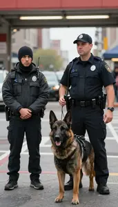 K9 Unit Officer Tracking A Suspect With At A Busy City Street Intersection At
