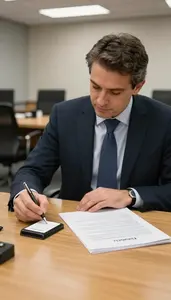 Venture Capitalist Writing A Press Release In An Audit Examination Room At Work