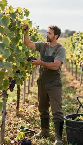 Vintner Harvesting Grapes In A In A Vineyard With Rows Of Grapevines In