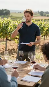 Vintner Tasting And Pairing Wines In A Vineyard With Rows Of Grapevines In