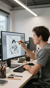 Visual Effects Artist Designing User Interfaces On In A Comic Art Illustration
