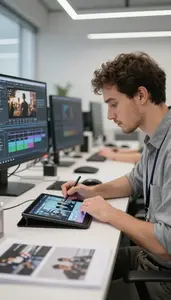 Visual Effects Artist Storyboarding A Film Sequence In A Video Editing Suite