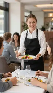Waitress Serving Food To Diners In A Restaurant Dining Room At Professional