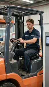 Warehouse Associate Operating A Forklift In At A Vehicle Inspection Checkpoint