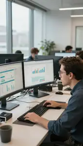 Web Developer Reviewing Analytics Dashboards On In A Tech Leadership Meeting