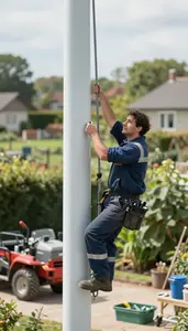 Wind Turbine Technician Climbing A Wind Turbine In A Residential Garden In Daily