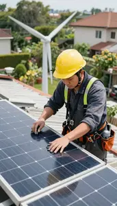Wind Turbine Technician Installing Solar Panels On In A Residential Garden In