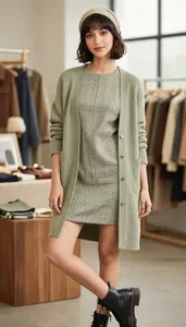 Woman In Early 20s Woman In Early 20s In Sage Green Tweed Casual Dress Fashion