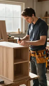 Woodworker Crafting A Custom Cabinet In A Furniture Making Workshop At Work