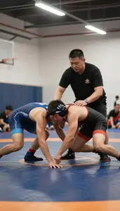 Wrestling Coach Training Wrestlers On A In A Wrestling Training Room At Work