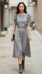 Anglo Woman Woman In Early 20s In Grey Frill Neckline Casual Dress Fashion Stock