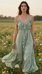 Anglo Woman Woman In Mid 30s In Sage Green Ruffle Sundress Fashion Stock Photo