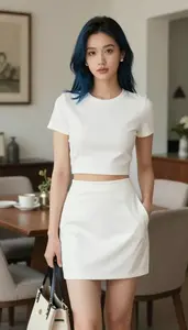 Anglo Woman Young Woman In 20s In White Statement Casual Dress Fashion Stock