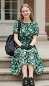 Balanced Proportions Floral Midi Dress Fashion Stock Photo