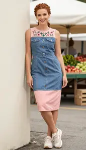 Blush Pink Embroidered Denim Dress Attractive Woman Fashion