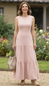 Blush Pink Tiered Maxi Dress For Women Fashion Stock Photo