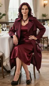 Burgundy Silk Brocatelle Formal Dress For Women Fashion Stock Photo