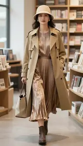 Camel Pleated Maxi Dress Classy Woman Fashion