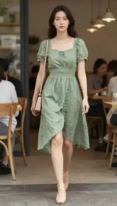 Central European Woman Woman In Mid 30s In Sage Green High Low Casual Dress