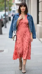 Chic Central European Woman Woman In Leaf Print Dress
