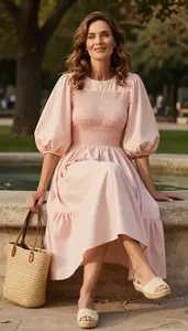 Confident European Woman Woman In Colorful Summer Dress