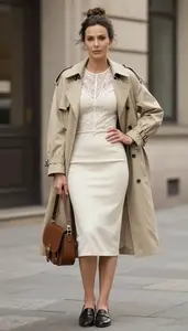Cream Vintage Tea Length Dress For Women Fashion Stock Photo