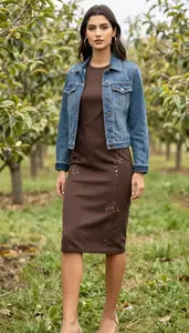 Editorial Embroidered Denim Dress Woman In Late 20s Woman Fashion
