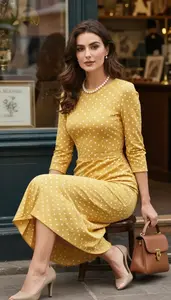 Elevated Womenswear Mustard Yellow Polka Dot Tea Length Dress