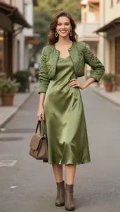 Fashion Forward Forest Green Satin Tea Length Dress Stock Photo