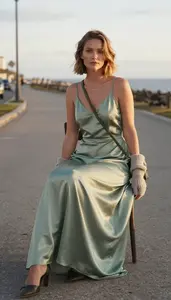 Fashion Forward Sage Green Satin Maxi Dress Stock Photo