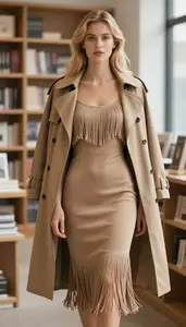 Feminine Silhouette Fringe Midi Dress Fashion Stock Photo