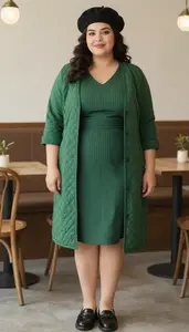 Forest Green Pinstripe Shirt Dress For Women Fashion Stock Photo