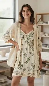Light Skinned Woman Woman Monochrome Styling Botanical Print Dress