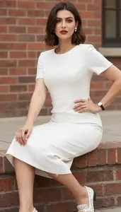 Lookbook Style Solid Midi Dress Woman In Early 20s Stylish Woman