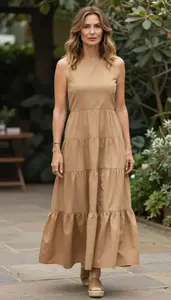 Lookbook Style Tiered Maxi Dress Woman In 50s Poised Woman
