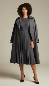 Mediterranean Woman Woman In 40s In Charcoal Ray Pleated Formal Dress Fashion