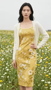 Minimalist Aesthetic Mustard Yellow Floral Print Dress Fashion