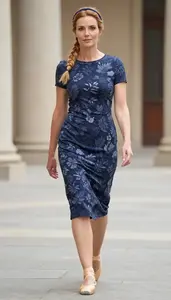 Navy Blue Botanical Print Dress Chic Woman Fashion